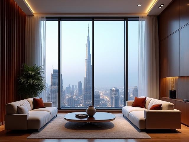 Modern Penthouse Interior with Burj Khalifa View in Downtown Dubai